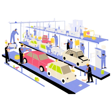 A factory assembly line filled with workers actively assembling American cars. The scene features a series of conveyor belts, each carrying parts such as hoods, doors, and chassis. Several workers are seen wearing blue overalls and safety helmets, working diligently at different stations. A brightly lit environment highlights the shiny metal surfaces of the cars being constructed. Tools and equipment are scattered across the workspace, and large machinery looms in the background, contributing to the industrial atmosphere. The cars being assembled prominently display their sleek designs and vibrant colors.