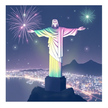 A depiction of "Christ the Redeemer" statue standing on top of Corcovado Mountain. The statue is illuminated by various colorful lights, creating a vibrant glow that highlights its features. Surrounding the statue, the night sky is dotted with fireworks in different shapes and colors, adding to the festive atmosphere. Below, the city of Rio de Janeiro is visible, with its buildings and streets faintly illuminated, creating a lively backdrop to the scene. The overall composition captures the grandeur of the statue in relation to the bustling city below.
