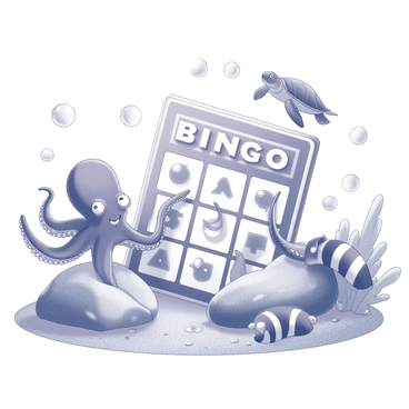 A vibrant underwater scene depicting a bingo game taking place on the ocean floor. A large, colorful bingo card made of coral is positioned in the center. Surrounding the card are various sea creatures, including a smiling octopus with its tentacles playfully reaching towards the card, a curious clownfish peeking out from behind a rock, and a majestic sea turtle gliding near the top. Bubbles rise around them, adding a sense of movement and excitement to the atmosphere. Each creature shows a distinct expression of joy and anticipation as they engage in the game. Magical underwater plants and soft sand complete the scene, creating a lively, interactive environment.
