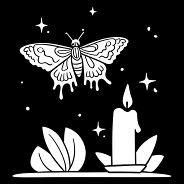 A detailed illustration of a "death's-head hawkmoth" hovering near a "flickering candle." The candle emits a soft glow, with melting wax dripping down its sides. The intricate wing patterns of the hawkmoth are visible as it approaches the light. Surrounding the scene, there are shadows cast by the candlelight, enhancing the atmosphere of the moment. The moth's body is detailed, showcasing its unique markings. A dark background adds contrast to the illuminated elements.