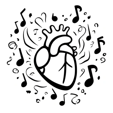 A detailed illustration of a "human heart" located at the center of the image. Surrounding the heart are multiple "floating musical notes" in various sizes, creating a dynamic sense of rhythm. The background features intricate patterns that enhance the flow of movement. The heart is realistically depicted, showcasing its anatomical features clearly. The musical notes vary in shape, some being quarter notes, eighth notes, and others, all contributing to the harmonious theme of the illustration.