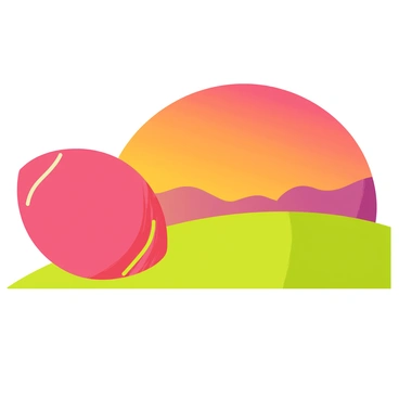 A rugby ball positioned in the foreground, creating a strong silhouette against a vibrant sunset. The sunset features a gradient of orange, pink, and purple hues blending seamlessly in the sky. An empty field stretches out beneath the ball, with green grass illuminated by the warm colors of the sunset. The horizon is slightly rolling, adding depth to the landscape.