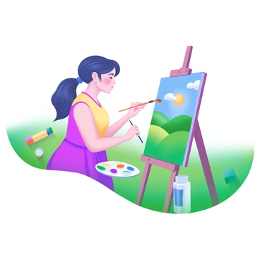 A woman standing in a green field, holding a paintbrush and mixing colors on her palette. She is focused on a canvas that displays a vibrant landscape scene, complete with rolling hills, a bright blue sky, and a few fluffy clouds. Nearby, there are paint tubes scattered on the grass, and a small easel supporting her canvas. The sunlight casts a warm glow over the scene, illuminating the woman's features as she concentrates on her painting.