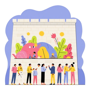 A tall city wall made of stone bricks, with various shades of gray and brown. The wall is adorned with a vibrant augmented reality mural depicting colorful, animated scenes that shift and change as viewers move past. The mural features large, whimsical creatures, abstract shapes, and bright flowers, all interacting with each other in a playful manner. The setting includes people standing in front of the wall, gazing in awe at the changing images, with some taking pictures on their smartphones. The sky is clear and blue, providing a bright backdrop to this lively urban scene.