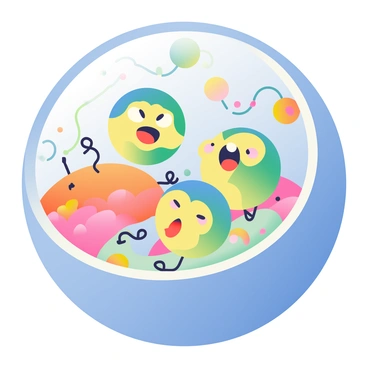 A team of lysosome characters, each with distinct features, is working together inside a cell. The lysosomes have a round shape and are portrayed in various vibrant colors like yellow, blue, and green. They have expressive faces, showing determination and teamwork. Surrounding them are organelles such as the mitochondria, depicted with squiggly shapes and a gradient of orange and red. The cytoplasm is a soft, light blue hue, and the cell membrane forms a clear boundary around the scene. The lysosomes are interacting, some passing small colorful molecules to each other, representing their role in digestion and waste processing within the cell.