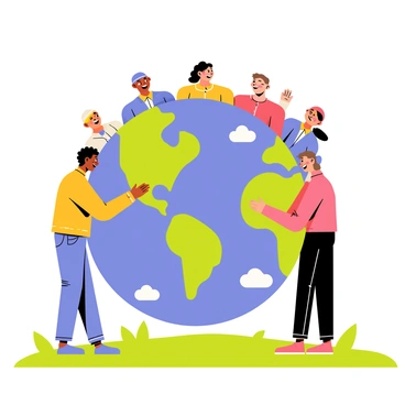 A diverse group of people of varying ethnicities and ages is gathered, forming a circle. Each person is wearing colorful clothing, and they are smiling joyfully. They are all hugging a giant globe, which is showing blue oceans and green continents. The globe is detailed with white clouds and outlines of countries. The people are standing on a grassy field under a clear blue sky. Their arms are extended around the globe, symbolizing unity and togetherness.