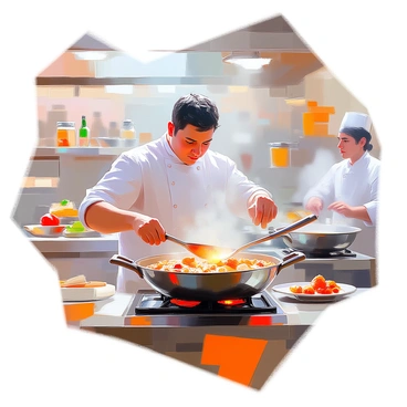 A chef with dark hair and wearing a white chef's coat is actively frying food in a large, sizzling pan filled with bubbling oil. The kitchen is busy, filled with other chefs and kitchen staff working together, with pots and pans on the stove and ingredients scattered on the counter. Bright overhead lights illuminate the area, reflecting off the metallic surfaces. In the background, there are shelves stocked with various spices and cooking utensils, adding to the vibrant atmosphere of the bustling kitchen. The chef is focused on his task, carefully monitoring the frying process as steam rises around him.