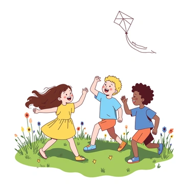 A group of children is playing joyfully in a sunlit meadow. The meadow is filled with a variety of wildflowers in different shapes and colors. There are three children: a girl with long brown hair wearing a yellow dress, a boy with short blonde hair wearing a blue t-shirt, and another boy with curly black hair wearing orange shorts. They are laughing and running around, with one child flying a white kite high above. The sunlight casts soft shadows on the grass, enhancing the vibrant atmosphere of playfulness and joy.