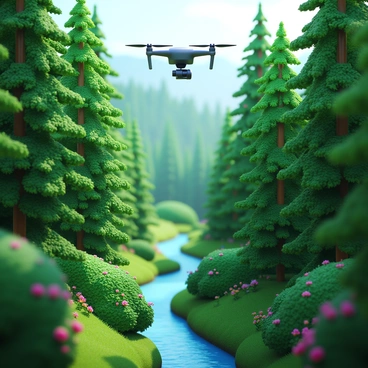 A drone capturing aerial footage over a forested landscape