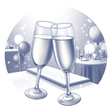 Two champagne glasses are positioned prominently in the foreground, their sides touching in a celebratory clink. The glasses are elegantly shaped, with a frosty appearance suggesting chilled champagne inside. In the background, there are decorative elements indicative of a festive anniversary party, including a table adorned with a decorative tablecloth. Balloons and streamers are partially visible, adding to the celebratory atmosphere. Softly blurred lights create a bokeh effect, enhancing the joyful scene of togetherness and celebration.