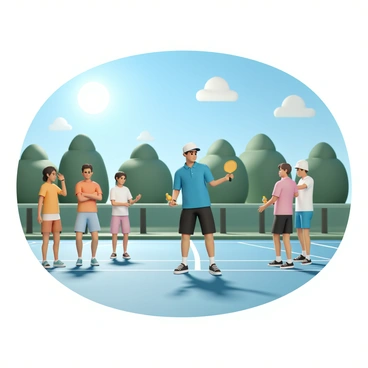 A pickleball instructor, wearing a bright blue polo shirt, black shorts, and a white cap, is demonstrating a technique on the court. The instructor stands in the center, holding a pickleball paddle, while a group of beginners, dressed in various athletic wear including shorts, t-shirts, and sneakers, watch attentively. They are positioned around the instructor, with some taking notes and others practicing swings. The sun shines brightly in a clear blue sky, casting shadows on the polished court surface, while green trees line the background, creating a lively outdoor atmosphere.