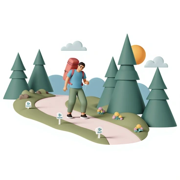 A person, wearing a red backpack, green hiking pants, and a blue t-shirt, is walking along a scenic trail surrounded by tall pine trees and vibrant wildflowers. The sun is shining brightly, creating a warm glow on the path. Along the trail, there are several milestones placed at intervals, each marked with a white sign displaying "1st Achievement," "2nd Achievement," and so on. The hiker has a determined expression, looking ahead with a sense of purpose as they continue their journey.