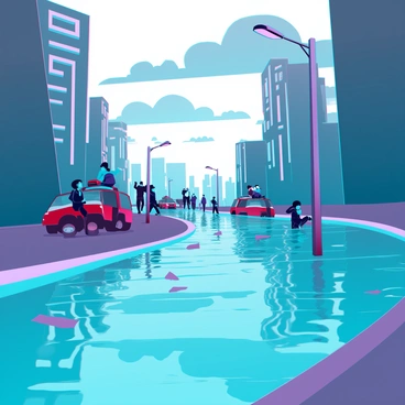 A city street completely submerged in water, with buildings on either side partially submerged. The water reflects the surrounding structures, creating a distorted mirror effect. In the distance, a group of people is moving towards higher ground, some climbing onto the roofs of vehicles, while others help each other navigate through the water. The sky above is overcast, with dark clouds looming, adding to the dramatic atmosphere of the scene. Debris is scattered across the street, floating in the water, while streetlights stand submerged, their bases barely visible.