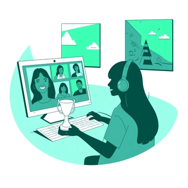 A teal artist is sitting in front of a white computer screen, engaged in an online video call. The screen displays several colorful faces of people congratulating the artist. The artist has long hair and is wearing a pair of headphones. In the artist's hand, there is a white award trophy with a shiny surface, reflecting the light from the computer. Behind the artist, there are vibrant teal and white art pieces hanging on the wall, showcasing their digital work. The scene conveys a moment of celebration, with the artist smiling and expressing gratitude.