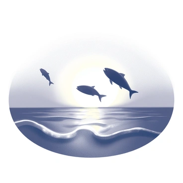 A sunset over the ocean creates a vivid scene. The sun is positioned low on the horizon, casting a glow that silhouettes the shape of jumping fish. The ocean is calm with gentle waves, reflecting the outline of the fish as they leap into the air. The sky features a gradient from white to darker shades of black, adding to the dramatic effect of the moment.
