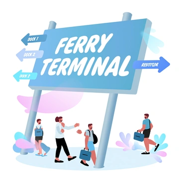 A prominent ferry terminal sign stands tall, featuring large, clear white letters that read "FERRY TERMINAL" against a vibrant background. Several directional arrows in bold colors point towards different boarding areas and facilities. Each arrow is labeled with destinations like "Dock 1", "Dock 2", and "Restrooms". The sign is positioned in an open space, surrounded by passengers carrying luggage, some looking at the sign while others move towards their designated docks. The atmosphere conveys a sense of movement and purpose as people navigate the terminal.