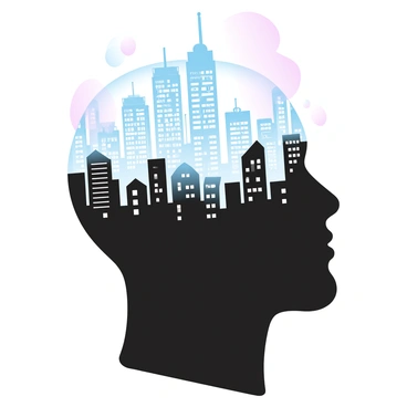 A silhouette of a head is filled with intricate lines that form the shape of a city skyline. Tall buildings with varying heights and architectural styles rise within the outline of the head. Windows and rooftops are meticulously detailed in the design, creating a contrast with the solid silhouette. The background features a smooth gradient of pastel colors, enhancing the cityscape within the silhouette.