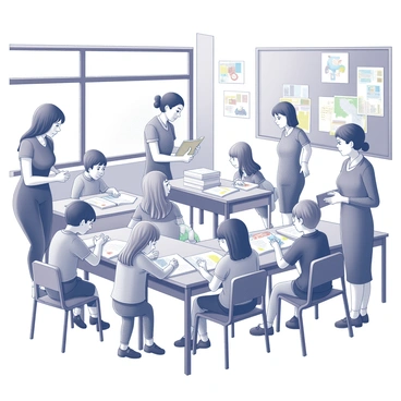 A diverse group of children is engaged in learning activities at tables in a classroom. They are working together on various projects, with books and art supplies spread across the surfaces. Several supportive teachers are present, guiding the children and providing assistance. The classroom features large windows that allow natural light to stream in, illuminating the space. Educational materials are displayed on the walls, showcasing charts, maps, and colorful illustrations that enhance the learning environment. The children's expressions reflect curiosity and enthusiasm as they share ideas and collaborate.