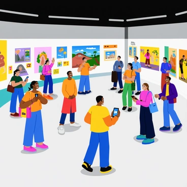 An exhibit featuring a variety of multimedia art pieces from different cultures. The room is filled with vibrant artwork displayed on large canvases and interactive digital screens. Diverse visitors of various ages and backgrounds are engaged with the art, some observing intently while others are interacting with the installations. The floor is polished, and the walls are adorned with colorful decorations that reflect the themes of the artworks. Bright spotlights illuminate the pieces, enhancing their colors and details.