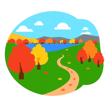 A scenic autumn landscape showcasing a variety of trees with vibrant fall colors, including bright red, orange, and yellow leaves. The trees are scattered across a gently rolling hillside, with some leaves falling gracefully to the ground. In the foreground, there is a small, winding path covered in fallen leaves, inviting viewers into the scene. The sky above is a clear blue with a few fluffy white clouds, adding contrast to the rich colors of the foliage. In the distance, a tranquil lake reflects the colorful trees along its shore.