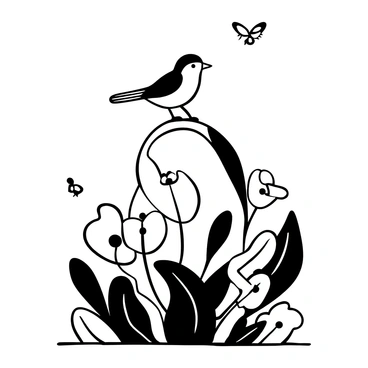 A "fantail" perched gracefully on a "garden sculpture," which is intricately carved to resemble leaves and flowers. The sculpture is surrounded by "lush greenery" and "delicate flowers" in the garden. Tiny insects are wandering nearby, adding a sense of life to the scene. The "fantail" has its feathers slightly puffed, displaying its characteristic tail fan. The overall composition captures the harmonious relationship between "nature" and "art."