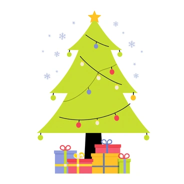 A Christmas card featuring a large, decorated tree with green branches. The tree is adorned with colorful ornaments, twinkling lights, and a shining star on top. Beneath the tree, there are multiple gift boxes wrapped in festive paper with bright bows. In the background, there are snowflakes gently falling, adding a festive touch to the scene. The words "Merry Christmas" are prominently displayed in a cheerful font at the top of the card.