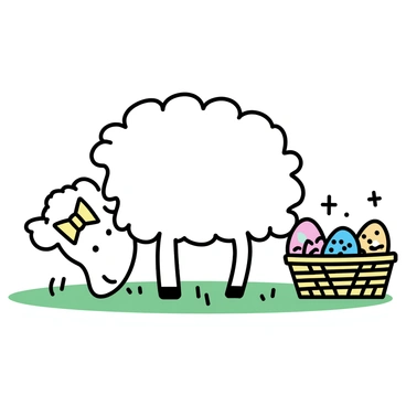 A white sheep with fluffy wool, wearing a bright, colorful bowtie, is grazing in a green grassy field. Nearby, there is a woven basket filled with various Easter eggs, painted in vibrant colors and patterns. The scene captures the sheep's gentle demeanor as it nibbles on the grass, with sunlight casting soft shadows around the basket.