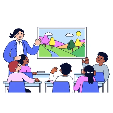 A teacher stands beside a large display board, revealing a colorful illustration created by a top student. The illustration features a vibrant landscape with rolling hills, a bright sun, and a variety of trees in different shades of green. The teacher has a proud smile as she points towards the artwork, highlighting the intricate details and creativity of the piece. The classroom is filled with students seated at their desks, some looking up with admiration and others whispering excitedly among themselves.
