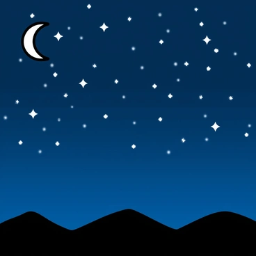 A clear night sky filled with numerous stars, shining brightly against a dark blue backdrop. The stars are scattered evenly, some twinkling with a white glow while others exhibit slight variations in brightness. The scene features a crescent moon on the left side, adding a gentle illumination to the sky. Below, a silhouette of distant mountains can be seen in the foreground, providing a contrasting dark shape against the starry sky.