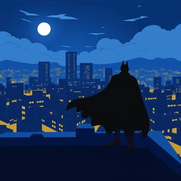 A silhouetted figure standing atop a dark rooftop, gazing over the sprawling skyline of Gotham City at night. The city is illuminated by a constellation of lights from buildings and streets below, casting a warm glow against the night sky. The figure wears a flowing cloak that billows slightly in the gentle night breeze. In the background, towering skyscrapers rise, their windows sparkling like stars. A full moon hangs in the sky, partially obscured by wispy clouds, adding to the dramatic atmosphere of the scene.