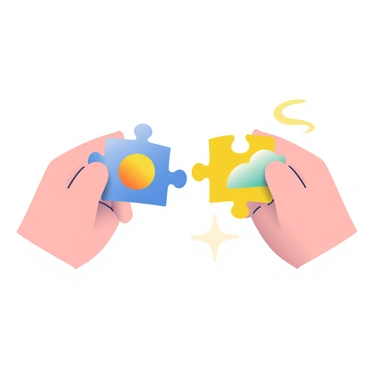 Two hands with light skin are holding matching puzzle pieces that fit perfectly together. The puzzle pieces are brightly colored, one in blue with a sun design and the other in yellow featuring a cloud pattern. The background is softly blurred, drawing attention to the hands and the vibrant puzzle pieces. The fingers of the hands are gently curved, showcasing the connection between the pieces as they are about to join. The light source creates a subtle shine on the puzzle pieces, enhancing their colors.