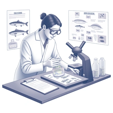 A marine biologist is focused on studying herring in a laboratory environment. The biologist is wearing a white lab coat and safety goggles, actively examining a sample of herring in a glass container. Surrounding the biologist are various scientific charts detailing herring anatomy and behavior, along with several labeled vials containing preserved specimens. The workspace is organized, with a microscope on the table and a clipboard filled with notes nearby. Bright overhead lights illuminate the area, highlighting the intricate details of both the samples and the equipment.