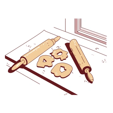 A white kitchen counter is adorned with an assortment of cookie dough, featuring cutouts shaped like "A", "B", and "C". The dough appears slightly flattened, revealing the intricate shapes. A wooden rolling pin rests nearby, dusted with a sprinkle of flour, indicating it has been used recently. Soft sunlight filters through a nearby window, casting gentle shadows on the counter, enhancing the texture of the dough and the smooth surface of the rolling pin.
