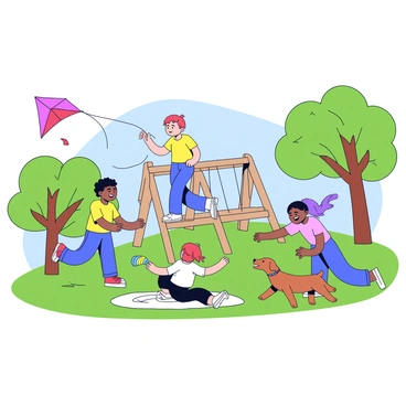 A group of four children playing in a green park. One child is flying a bright red kite with a long tail. Another child is climbing on a wooden jungle gym, wearing a yellow t-shirt. A girl is sitting on the grass, drawing with colorful chalk on a sidewalk slab. The fourth child is running towards them, laughing, with a small brown dog at their side. In the background, there are trees with lush green leaves and a clear blue sky.