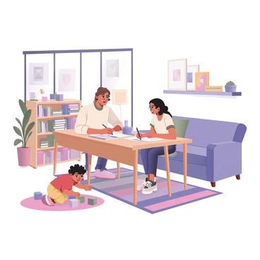 An illustrator trying to work while a child plays nearby in the living room