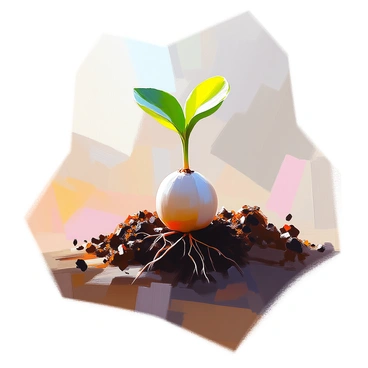 A close-up view of a seed just beginning to sprout, with delicate roots extending downwards into the dark, rich soil. The seed is partially buried, with a small, green shoot emerging from its top, breaking through the surface. The surrounding soil is textured and granular, revealing tiny clumps and particles. Sunlight gently illuminates the scene, casting soft shadows on the soil and highlighting the fresh, vibrant green of the sprouting shoot.