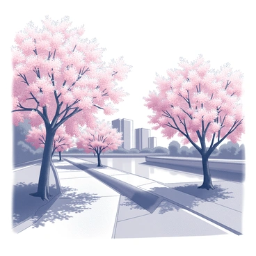 A scenic walkway lined with cherry blossom trees in full bloom. The delicate pink flowers are abundant, creating a vibrant archway overhead. Below, a paved path meanders alongside the Cherry Creek, which reflects the blossoms above. In the background, there are glimpses of modern buildings partially obscured by the foliage, adding depth to the scene. Shadows from the trees cast interesting patterns on the walkway, enhancing the tranquility of the environment.