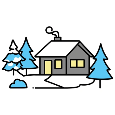 A cozy wooden cabin with smoke rising from the chimney is nestled in a snowy landscape. The cabin has a sloped roof covered in white snow, and warm light glows from the windows. Around the cabin, tall pine trees are dusted with snow, creating a serene winter atmosphere. The ground is blanketed in thick snow, and a small path leads to the door of the cabin.