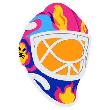 An intricate design on a hockey goalie's helmet features a blend of vibrant colors and detailed patterns. The helmet is shown up close, highlighting the glossy surface that reflects light. The artwork includes images of a fierce lion and swirling flames, intertwined with geometric shapes. The face mask is partially open, revealing the goalie's determined expression. The chin strap is adjusted snugly, and the padding inside is visible, showcasing a bright contrasting color. The scene captures the energy and intensity of the sport.
