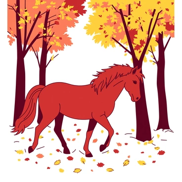 A red mustang is walking through a forest filled with vibrant yellow and orange autumn leaves. The ground is covered in a thick layer of fallen leaves, creating a colorful carpet underfoot. Tall trees with branches stretching overhead are adorned with leaves in various shades of orange and yellow, filtering sunlight that casts a warm glow on the scene. The mustang's mane flows gently in the breeze as it moves gracefully among the trees.