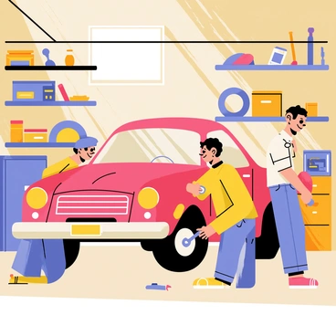 A cluttered garage filled with tools and spare parts. Two friends are working together to fix an old, rusty car. One friend is crouched under the car, using a wrench on the undercarriage, while the other friend is holding a flashlight to provide better visibility. Shelves in the background are filled with assorted tools, boxes, and a few car tires. Sunlight streams in through a small window, creating a warm atmosphere in the garage.