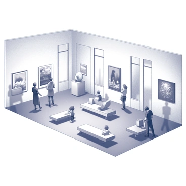 An interior view of an art gallery showcasing minimalist design. The space features high ceilings with large, open windows allowing natural light to filter in. The walls are adorned with various framed artworks, showcasing a mix of contemporary and classical styles. In the center of the room, there are sleek, white pedestals displaying sculptural pieces. The polished wooden floor reflects the elegance of the surroundings. Comfortable seating areas are arranged strategically for visitors to relax and appreciate the art. Several people can be seen engaging in conversation or contemplating the displayed works.