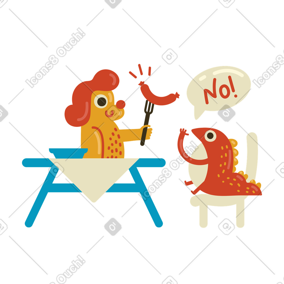 Vegetarian lizard refusing a sausage illustration in PNG, SVG
