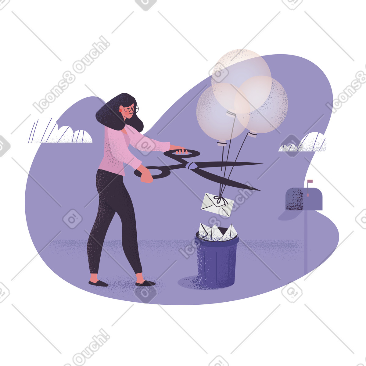Woman cutting thread of balloons with envelopes illustration in Pale style download in PNG, SVG