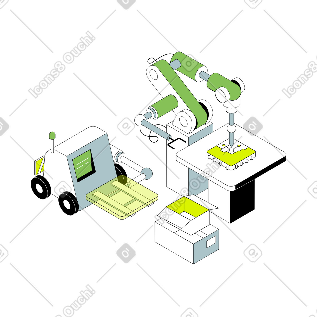 Illustration Production robotisée de marchandises dans le style Isometric à télécharger aux formats PNG, SVG