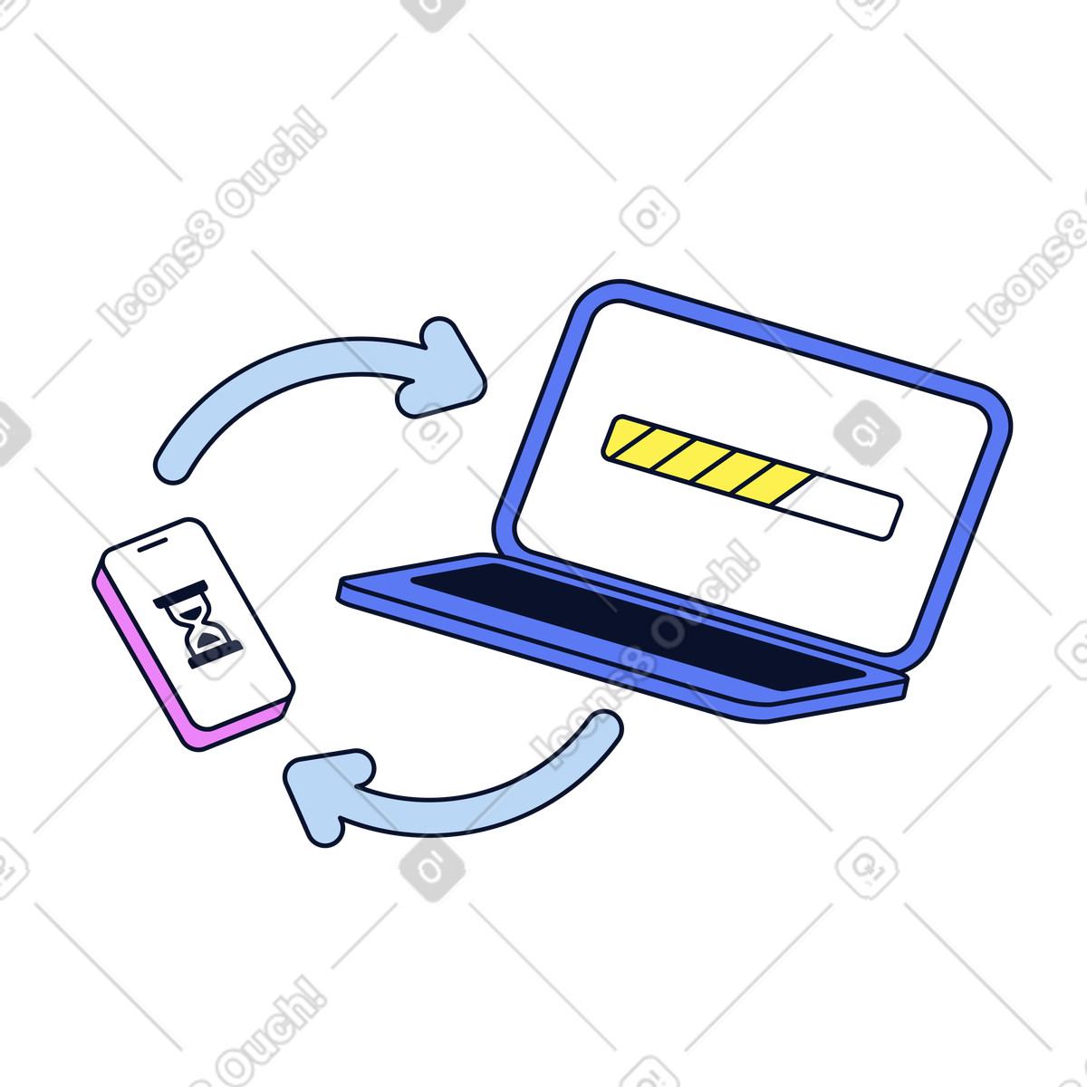 Device synchronization between laptop and smartphone illustration in Flexy style download in PNG, SVG