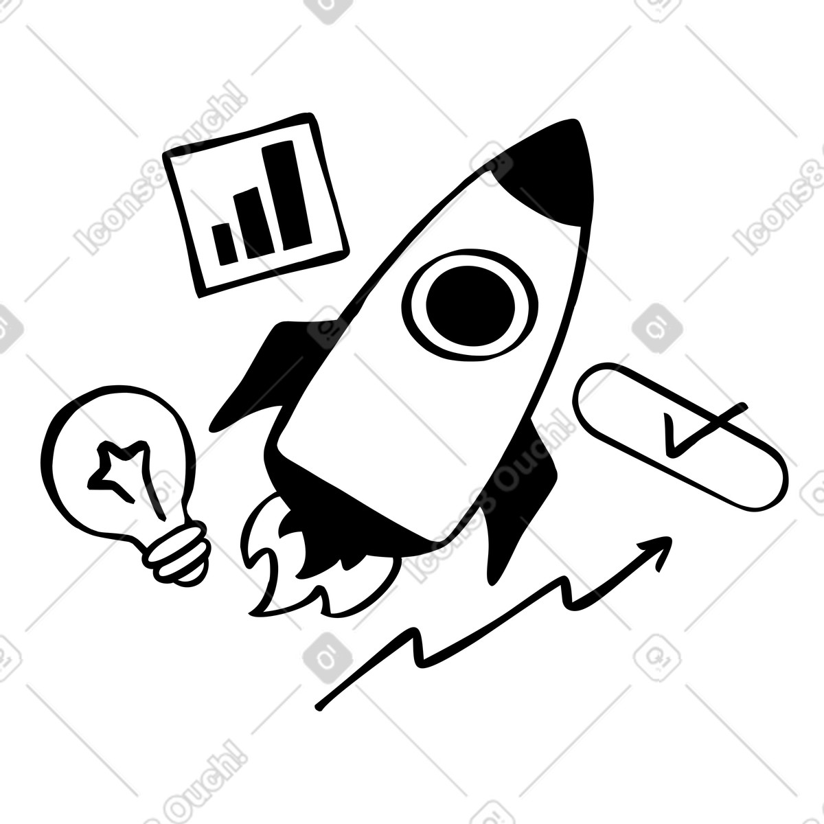 Ilustración Lanzamiento de startup con métricas e ideas negocio en estilo Journal a descargar en PNG y SVG