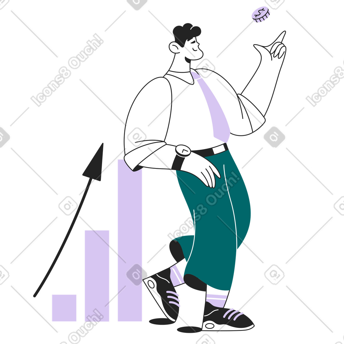 Investor balancing on growth bars flipping coin, Investment decision or profit forecasting animierte Illustration im Sammy Line-Stil als Download in GIF, Lottie (JSON), AE