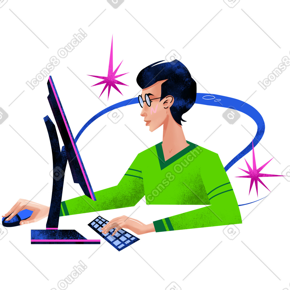 Ilustração de Homem trabalhando em um computador no estilo Flare para baixar PNG, SVG
