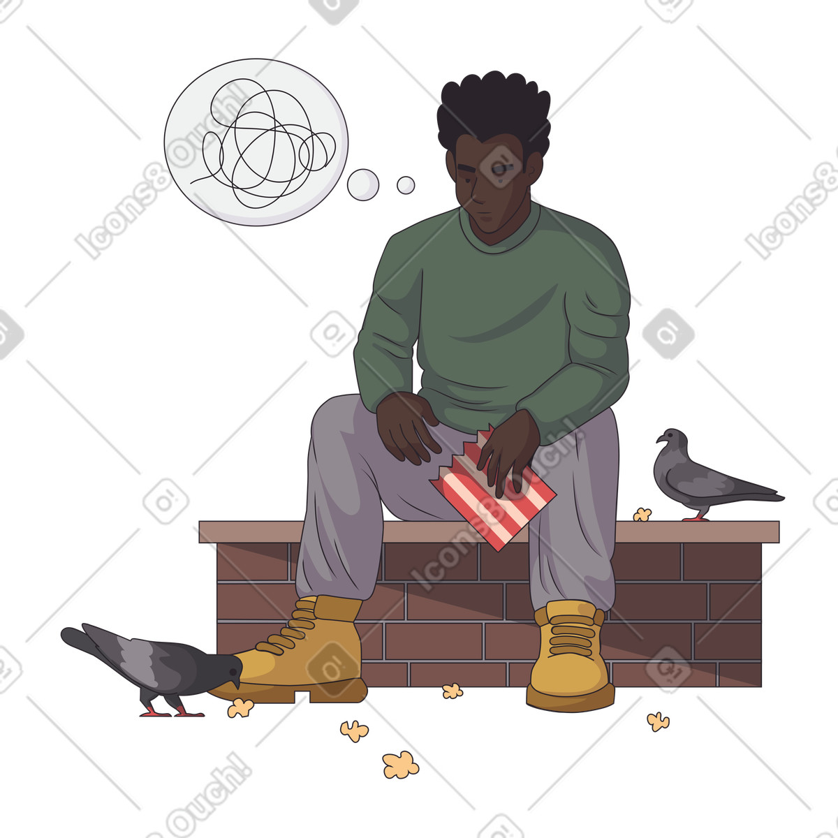 Illustration L'homme réfléchi alimente des pigeons dans le style Eastwood à télécharger aux formats PNG, SVG